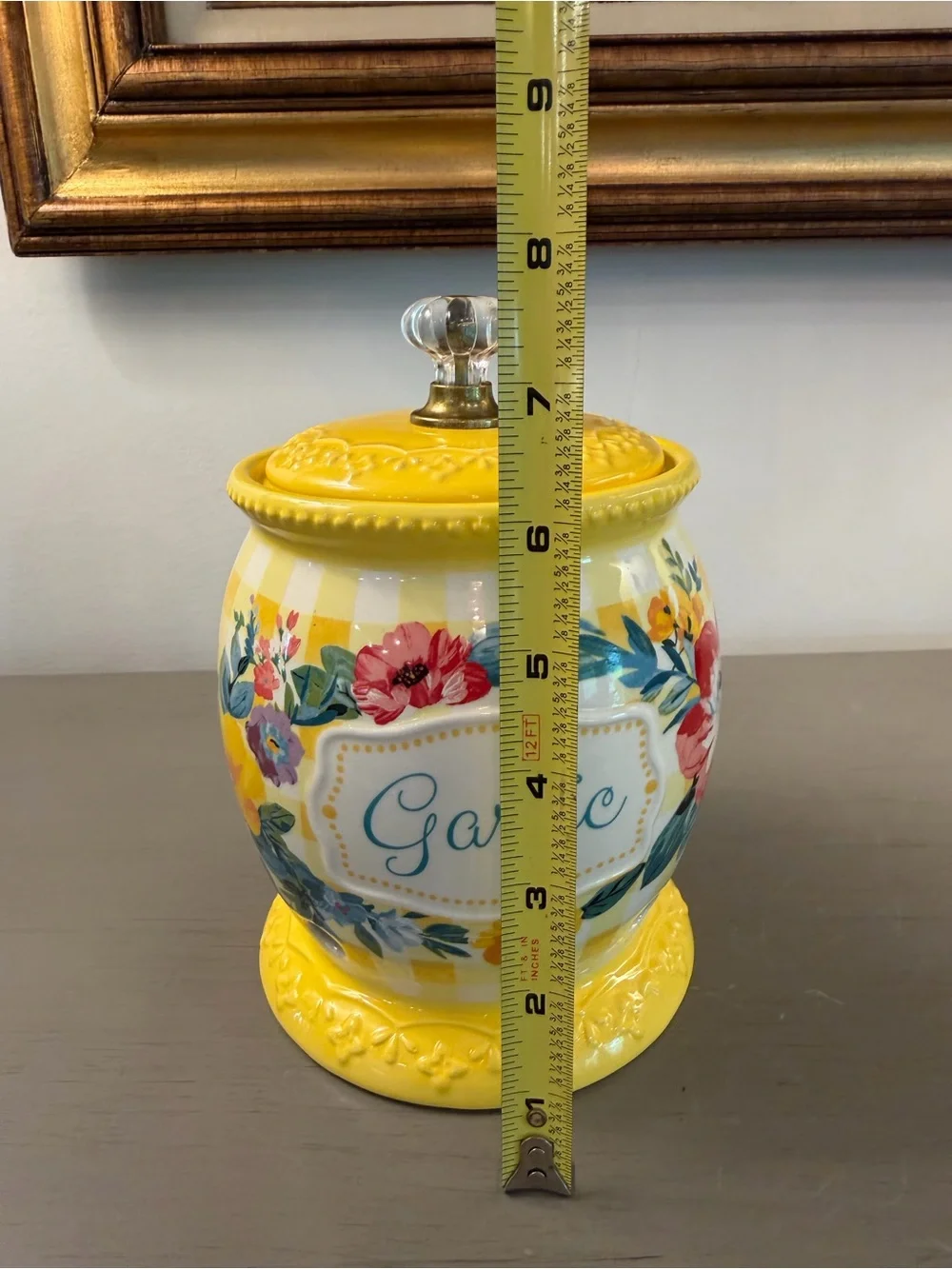 Pioneer Woman Sweet Romance Garlic Keeper Clear Knob Lid Ceramic Yellow Kitchen